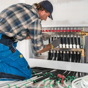 Metal bağlantı parçaları ve borularla karmaşık bir şekilde birbirine bağlanmış çok sayıda vanaya sahip bir yerden ısıtma manifoldunun yakından çekilmiş görüntüsü.